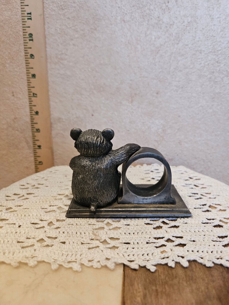 Vintage Ricker Pewter 1995 Teddy Bear Flower Quartz Desk Clock Holder as is napkin holder table display