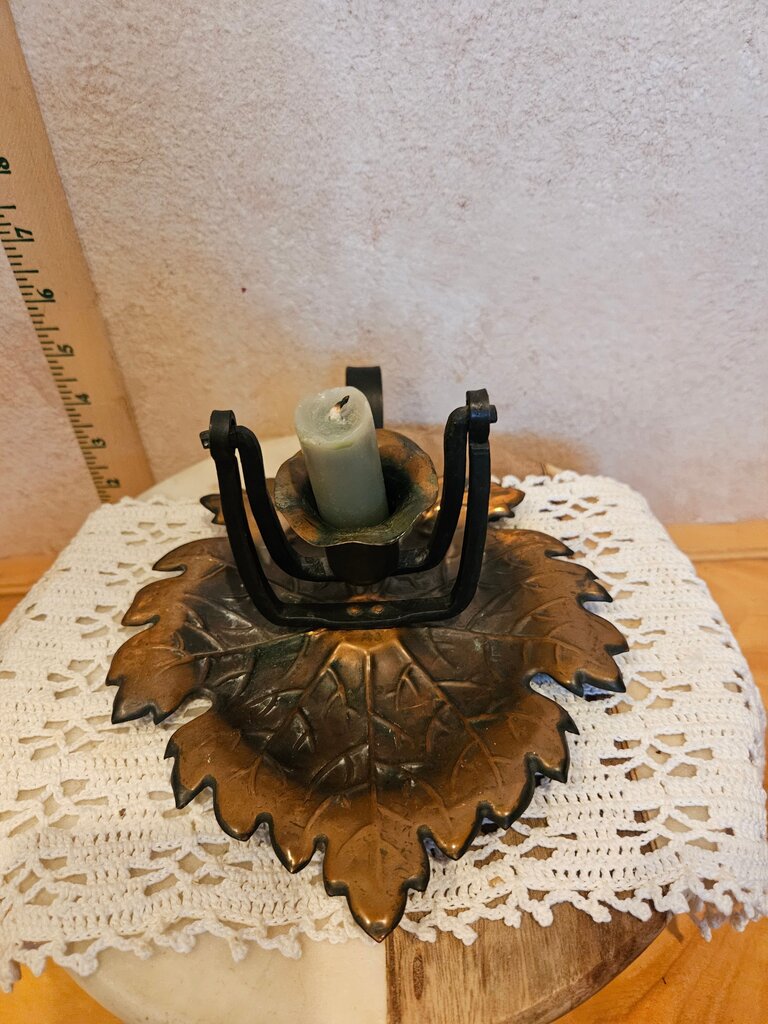 Vintage Hammered Copper Cast Iron Swinging Candle Holder Wall Table