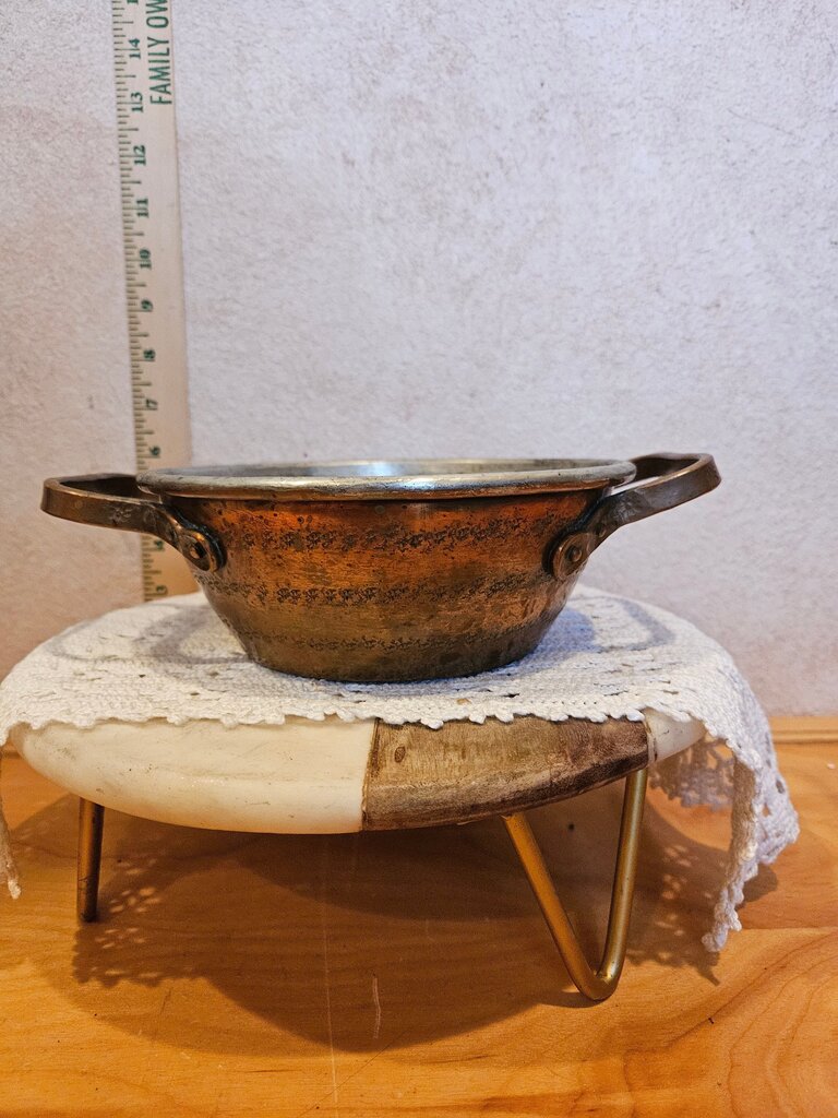 Antique Primitive Etched design Copper Pot Pan, Forged Handles, Rustic French Country Cottage Farmhouse Kitchen Decor