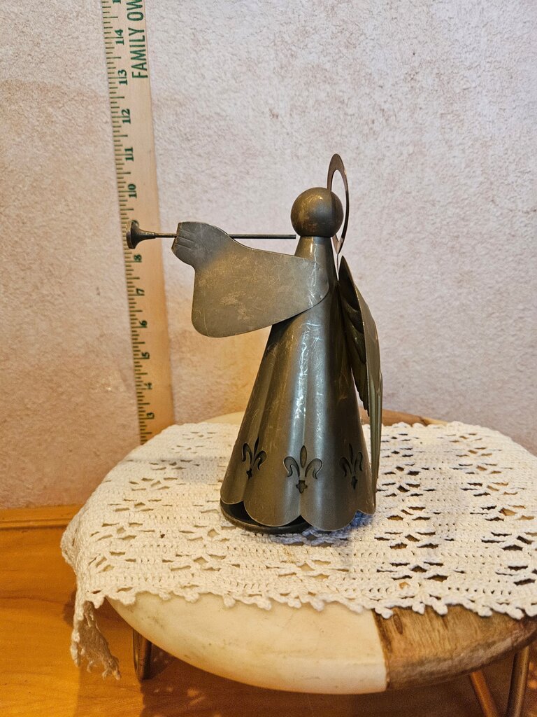 Vintage metal SILVER PLATED Christmas ANGEL w halo & instrument vintage christmas
