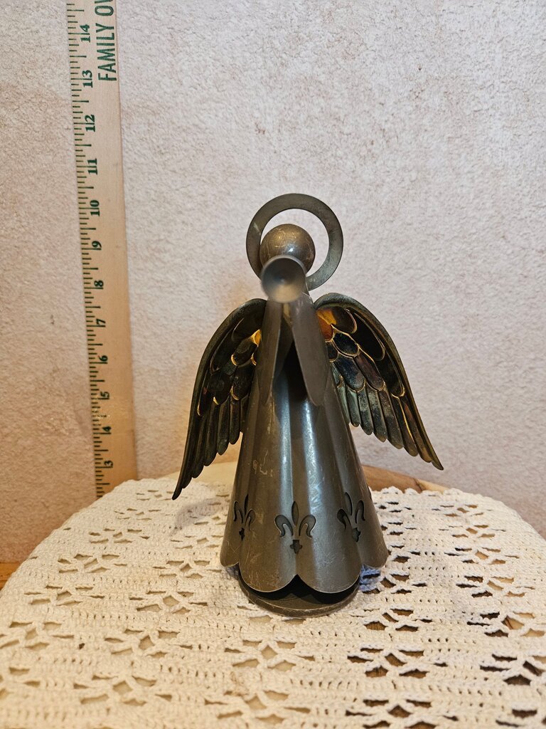 Vintage metal SILVER PLATED Christmas ANGEL w halo & instrument vintage christmas