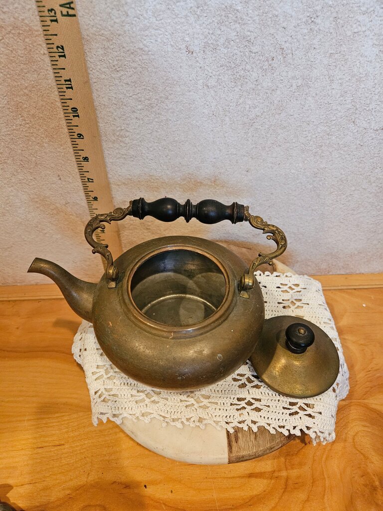 Vintage primitive footed Copper Tea Kettle W Warmer English Tea Kettle w Bail Ornate Brass Handle Gooseneck Spout