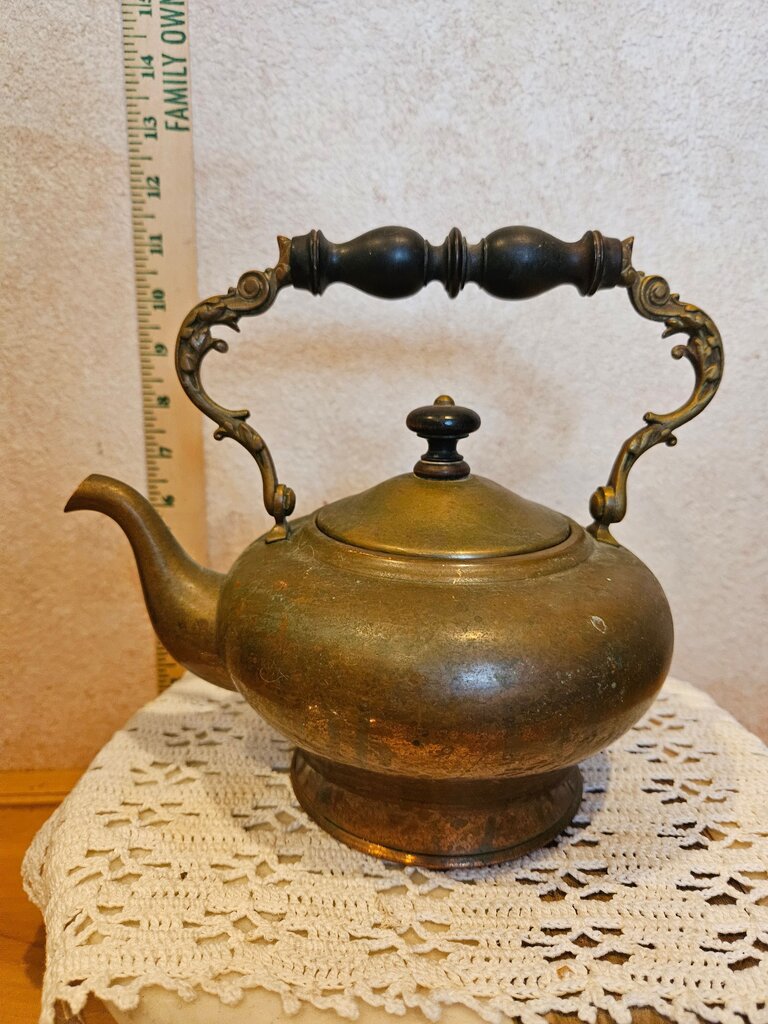Vintage primitive footed Copper Tea Kettle W Warmer English Tea Kettle w Bail Ornate Brass Handle Gooseneck Spout