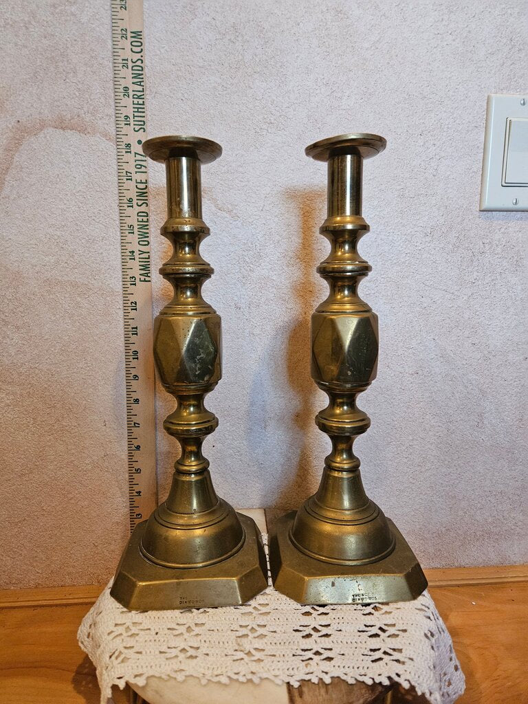 Pair of English Brass "The Diamond Princess" rare ace of diamonds Candlesticks Queen Victoria Jubilee
