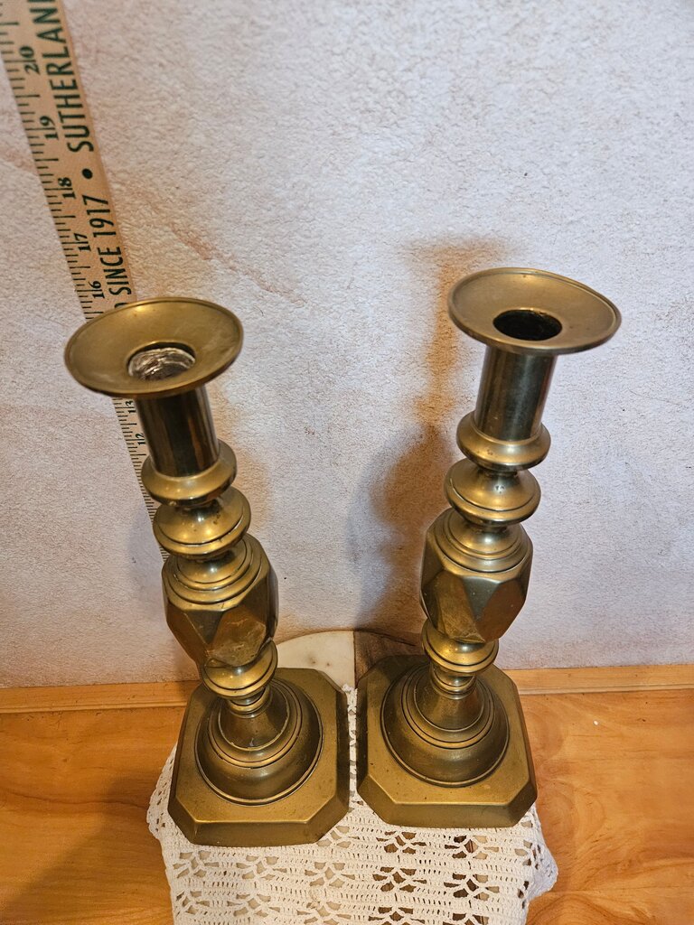 Pair of English Brass "The Diamond Princess" rare ace of diamonds Candlesticks Queen Victoria Jubilee