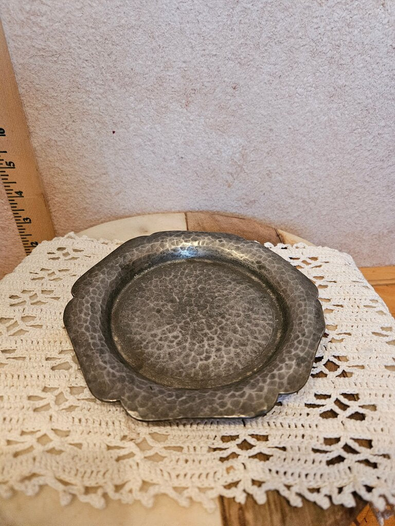 Antique/Vintage UK Warstone Pewter H&H stamped Elegant Hammered Metal Charger Plate w Scallop Edge glass cloche base table decor