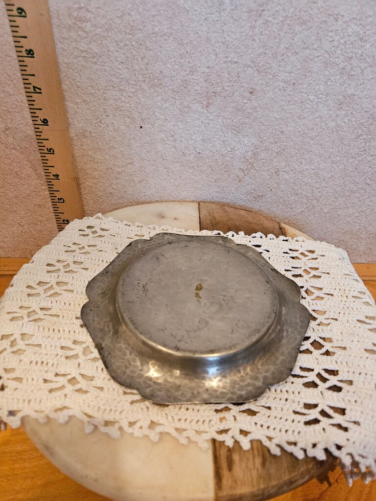Antique/Vintage UK Warstone Pewter H&H stamped Elegant Hammered Metal Charger Plate w Scallop Edge glass cloche base table decor