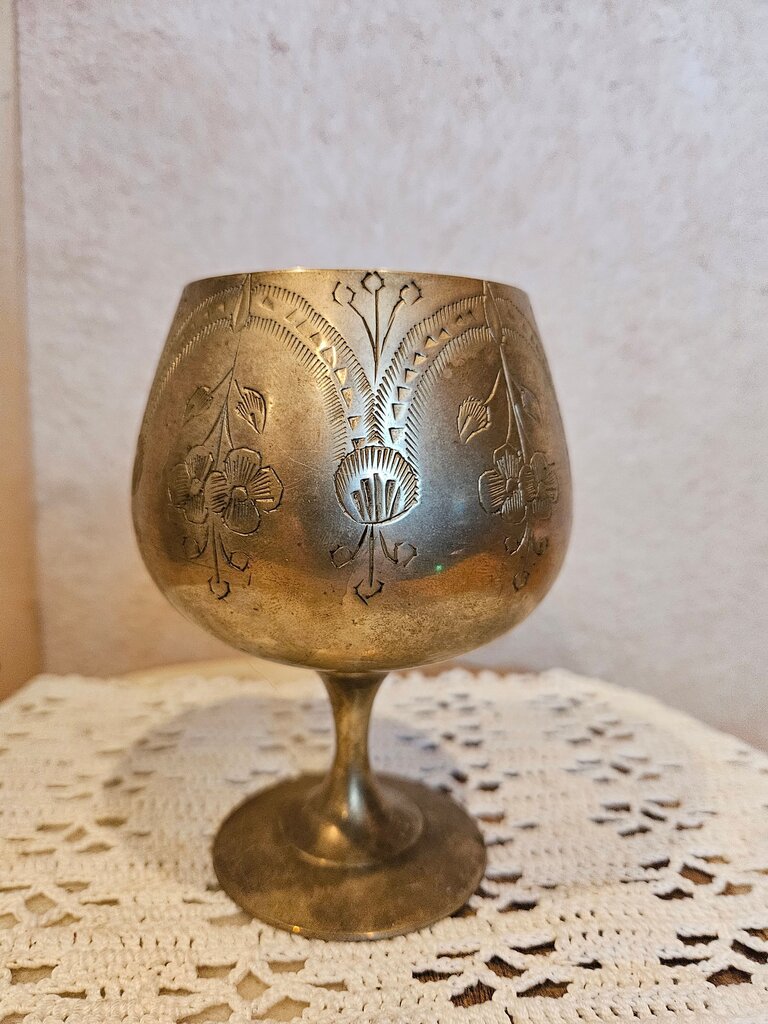 Vintage Floral Etched Brass Cognac Goblet / Altar Cup, Indian Ritual Wine Chalice Metal Drink vessel