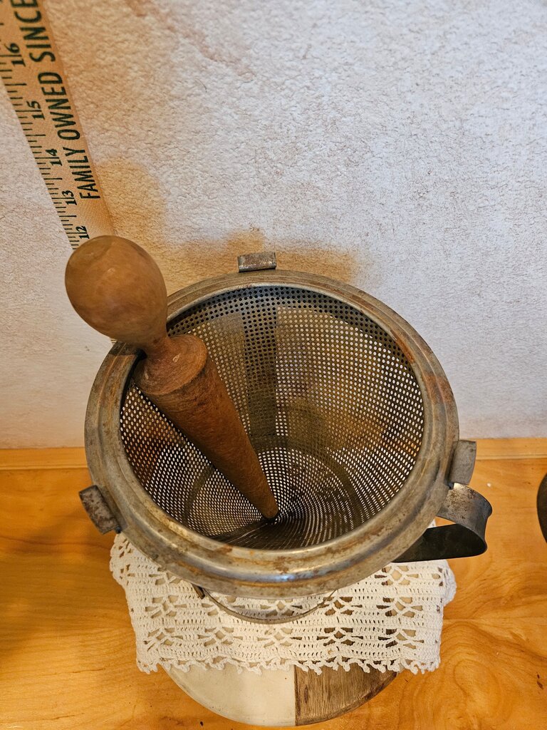 VINTAGE Depression Era METAL CONE-Shape Sieve & Wood PESTLE TRIPOD Colander Strainer w Wooden Herb / fruit Masher