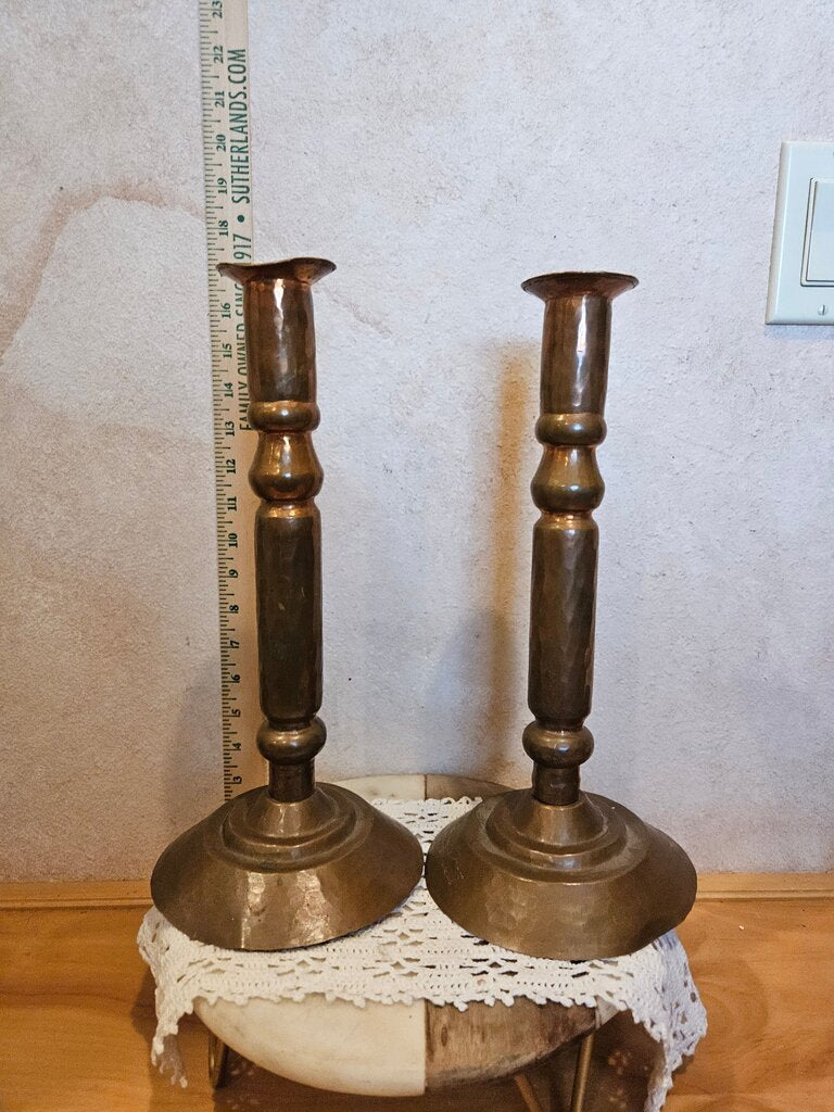 Antique Unique & Rare Pair of Art Nouveau Brutalist Hammered Copper Mantle / Alter Candle Sticks Candle Holders