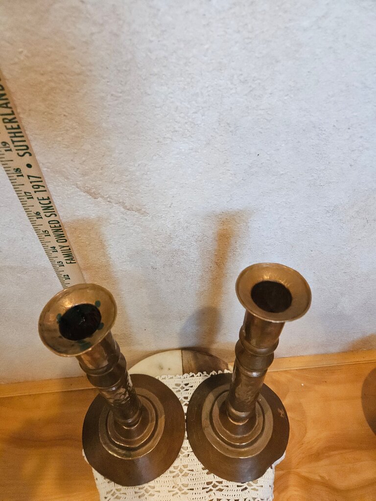 Antique Unique & Rare Pair of Art Nouveau Brutalist Hammered Copper Mantle / Alter Candle Sticks Candle Holders