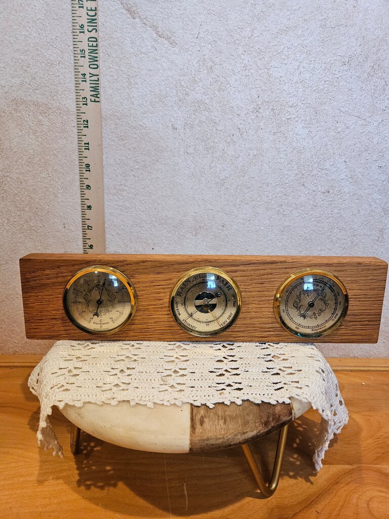 Vintage MCM clean lines weather station w wooden frame, Embedded barometer, thermometer, & hygromete