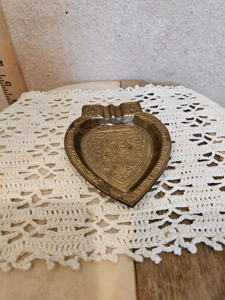 Etched Brass Heart Ashtray or Trinket Plate, Etched Floral Brass Heart, Vintage Ashtray, Small Trinket Dish, Nightstand