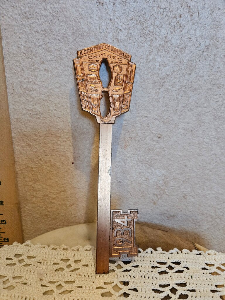 Vintage Art Deco 1934 World's Fair Souvenir Key Chicago A Century Of Progress, Chromed Covered Copper Chicago Key
