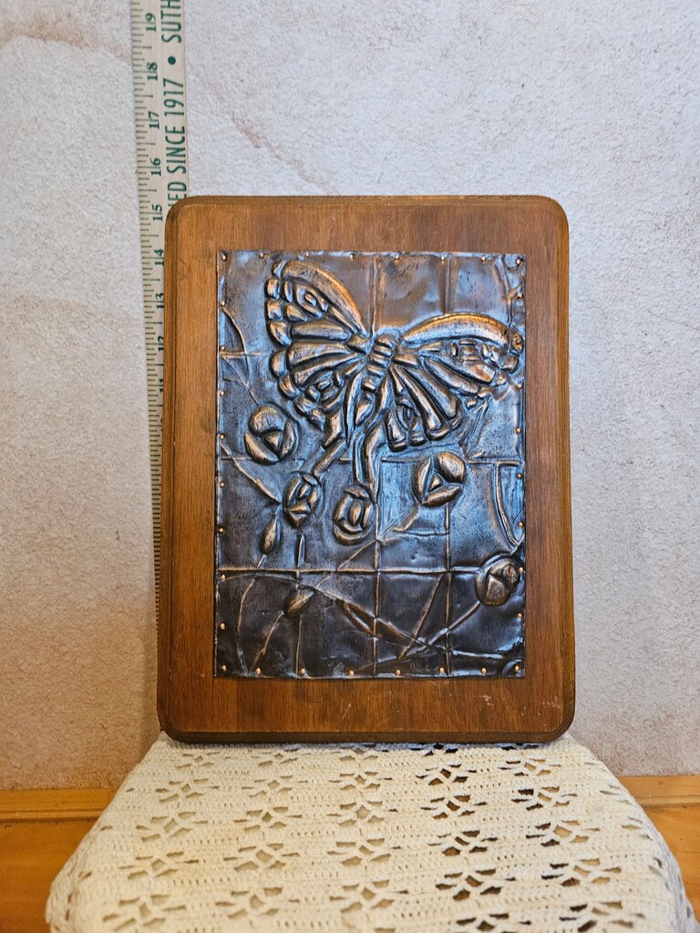 Vintage Copper Relief Wall Art Butterfly Mounted On Wood Stained Frame Handmade