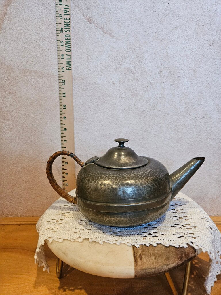 Antique/Vintage Lidded Hammered Pewter Arts & Crafts Teapot with wrapped Reed handle solid piece