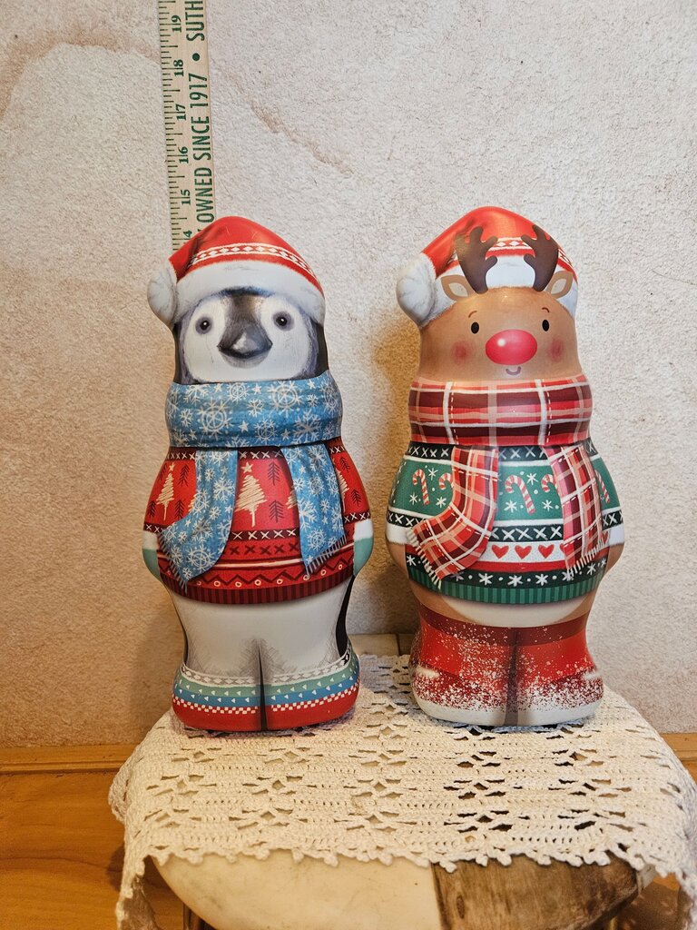 Russell Stover Costco Christmas Holiday Candy Tins Empty Penguin and Reindeer Figurines