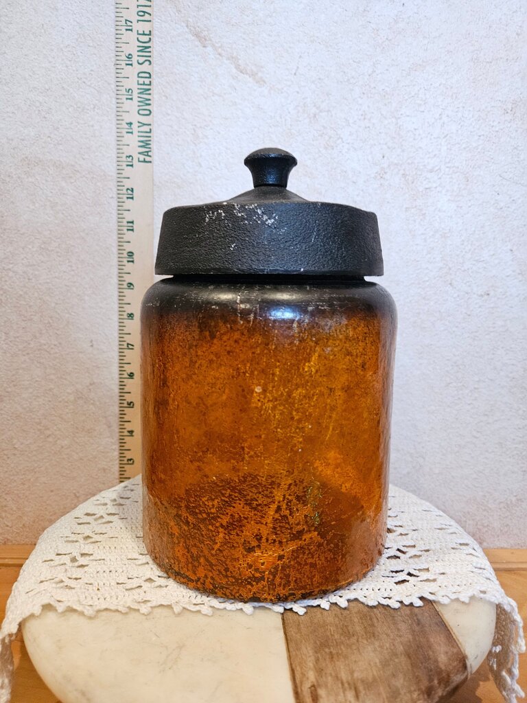 Brown Canister Glass Faux Tortoise Shell Metal Lid Amber Glass Jar w Black Lid
