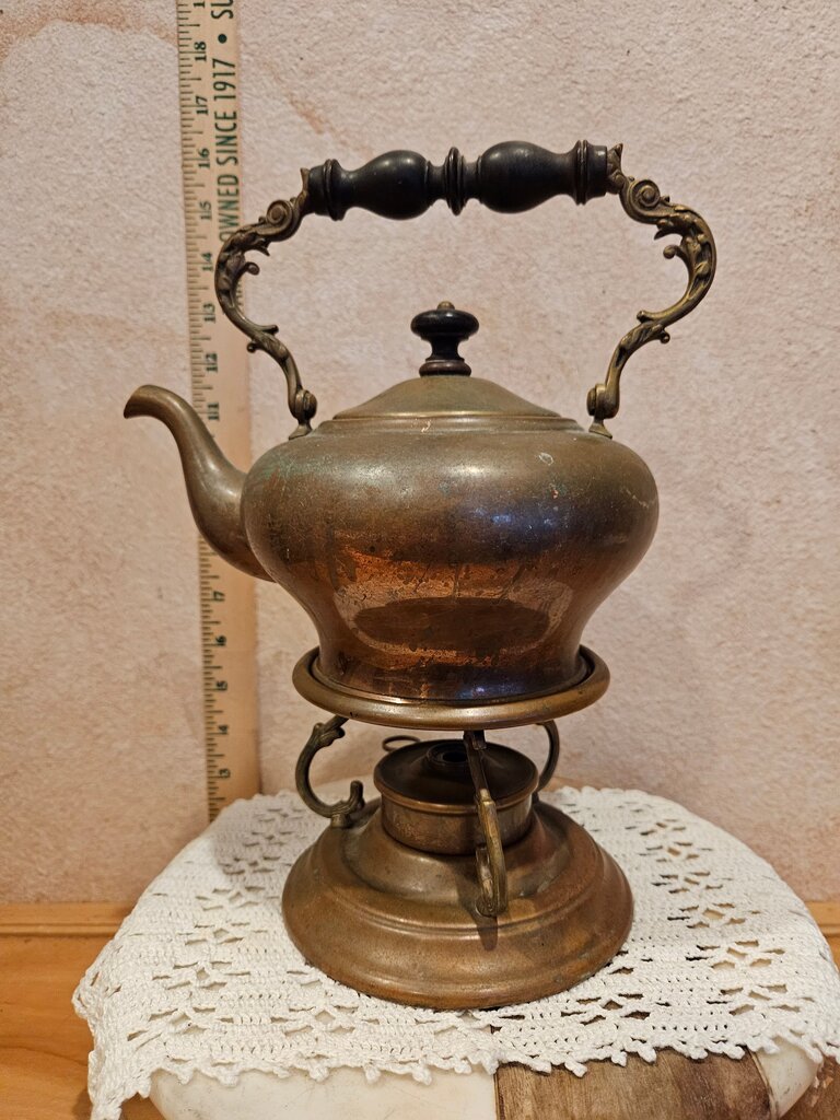 Antique/Vintage Ornate Copper w black handle Teapot w Display Stand / warming riser Chaffing Dish