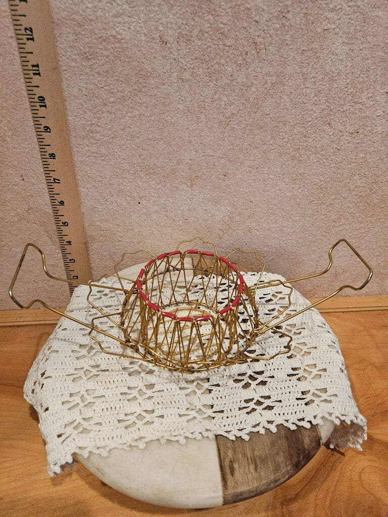 Adjustable French Wire Egg Basket w rare red decor folds into several different ways 1960's MCM display