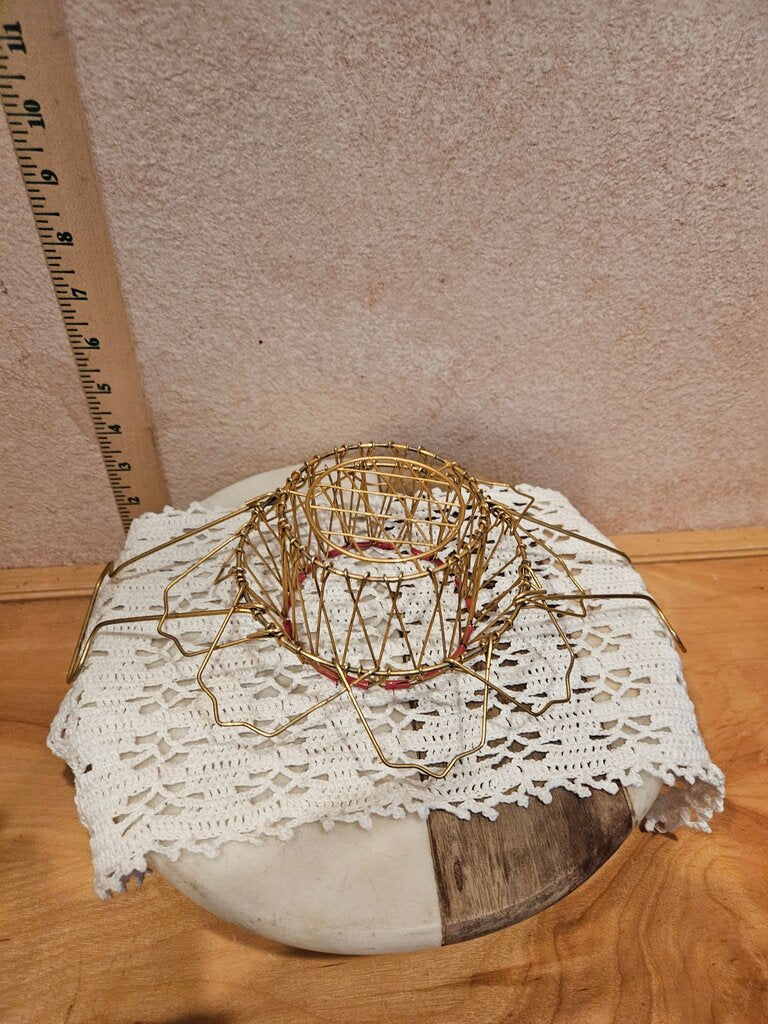 Adjustable French Wire Egg Basket w rare red decor folds into several different ways 1960's MCM display