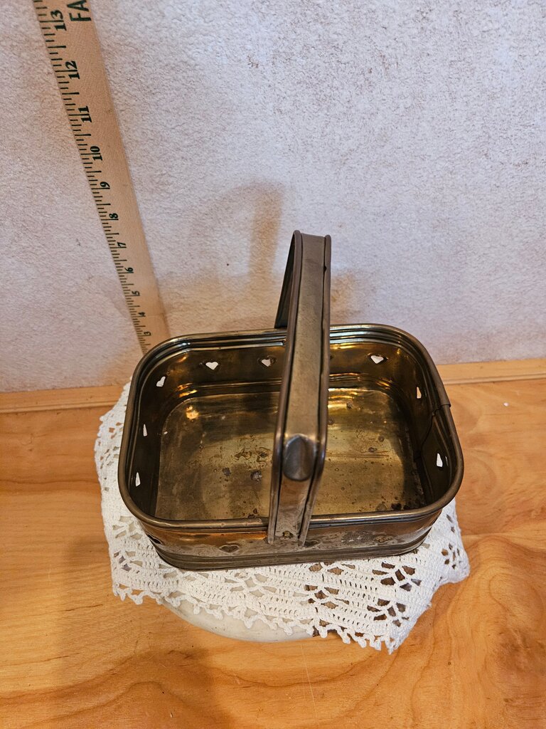 Vintage Heart Punched Designed Handled Brass Metal Collector Basket storage valentines easter