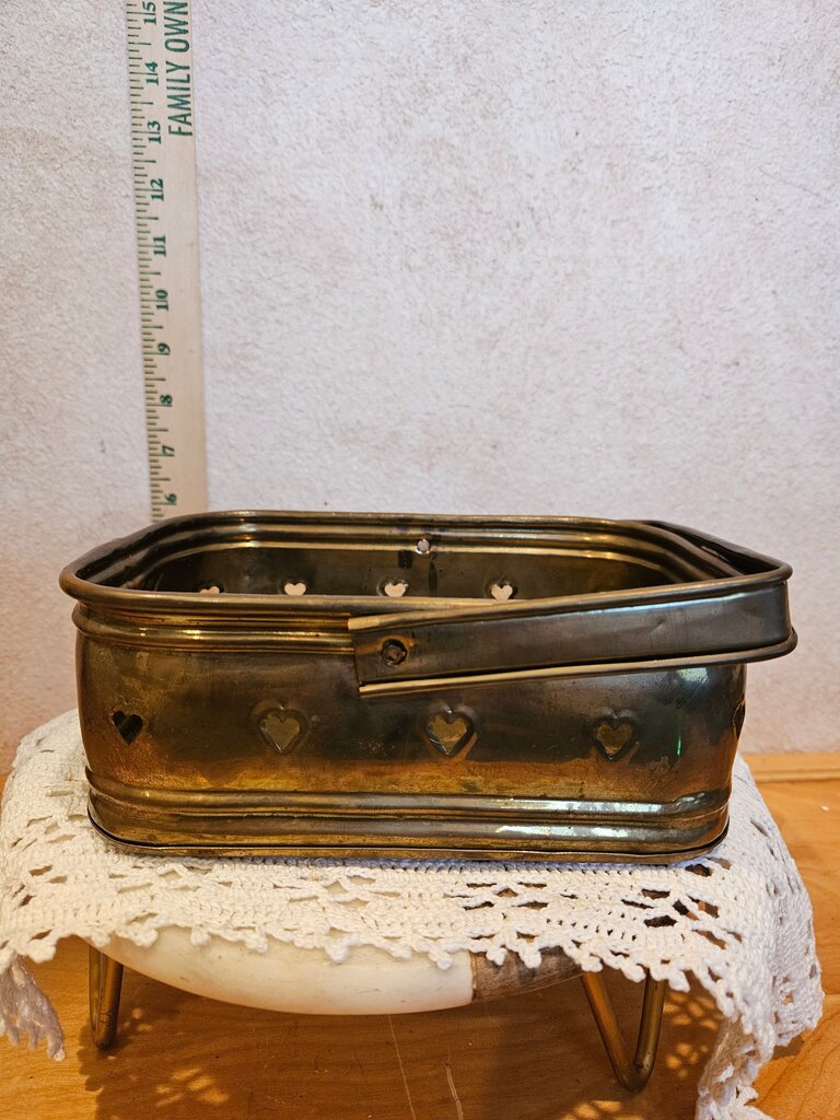 Vintage Heart Punched Designed Handled Brass Metal Collector Basket storage valentines easter