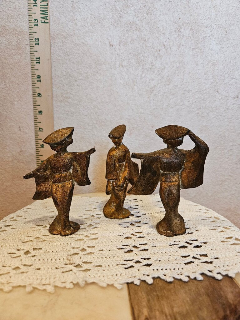 Vintage Set of 3 Mid Century Geisha Figurines Heavy Cast Metal Beautiful Vintage Minimalist Statue Collection