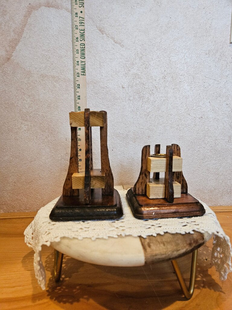Set of Geometric Wood Candle Holders Mid-Century Candlesticks Danish Style two wood tone Unique