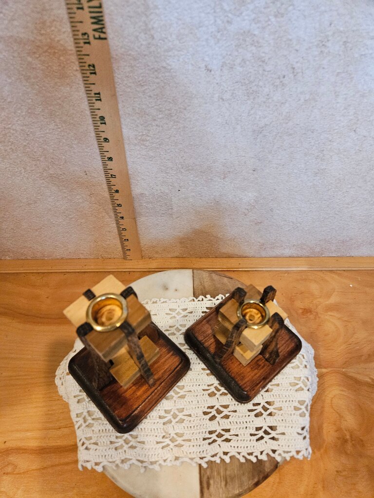 Set of Geometric Wood Candle Holders Mid-Century Candlesticks Danish Style two wood tone Unique