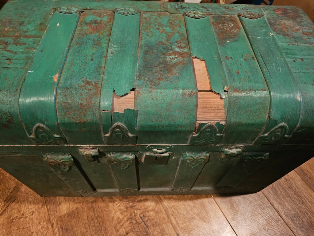 antique original green painted tall wooden trunk chest w tray insert