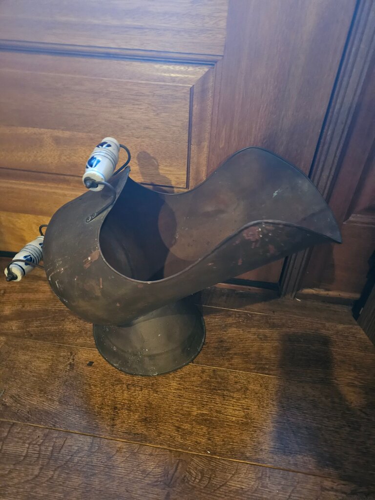 Vintage Large Copper Coal Ash Scuttle Pail Fireplace Bucket with Delft Blue Handle & Copper and Brass Ash Scuttle Rustic Pail
