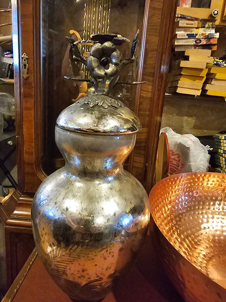 Vintage Mercury Glass Silver Floral Metal Top Apothecary Glass jar vase