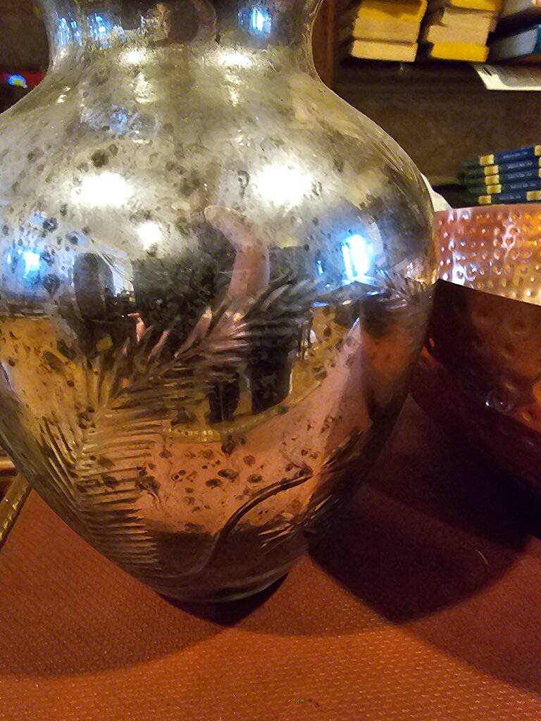 Vintage Mercury Glass Silver Floral Metal Top Apothecary Glass jar vase
