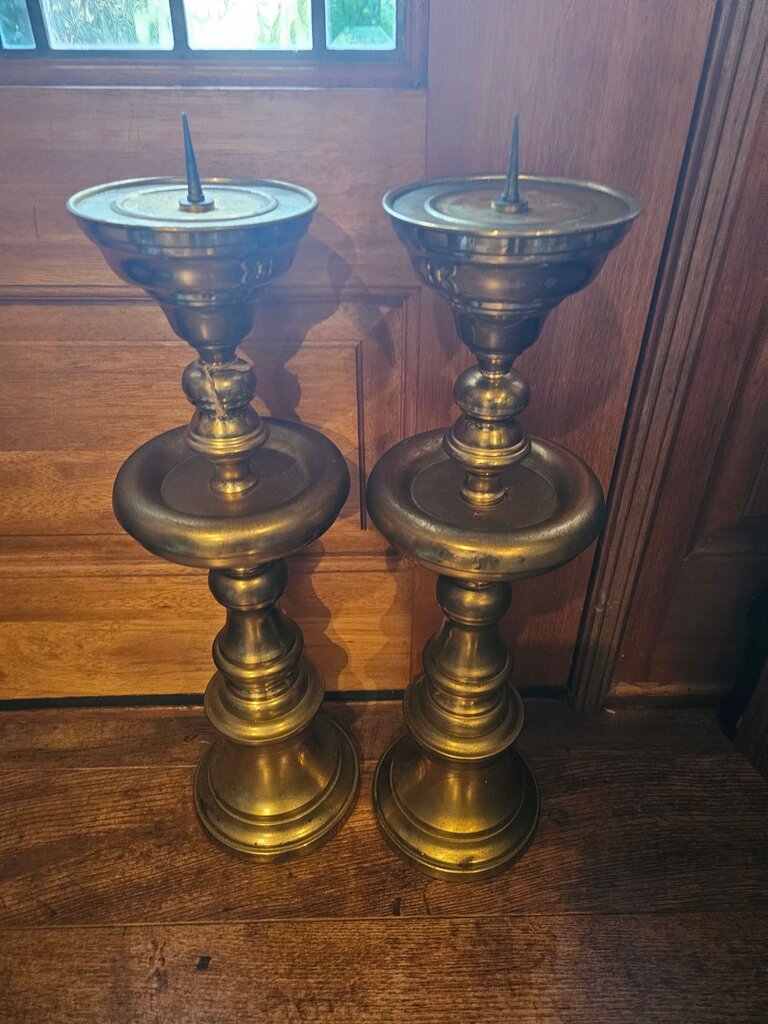 Vintage Bloomingdales Set of Brass Candle Holders Alter Style with large candle spike