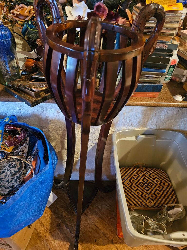 Vintage Tall Plant Stand Carved Swan Basket Jardiniere Solid Cherry plat riser as is