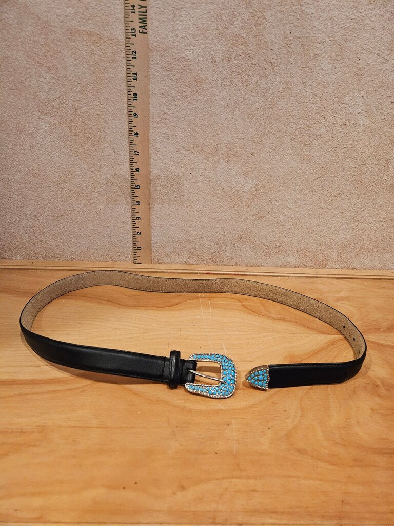 Black Leather Belt with Turquoise Buckle