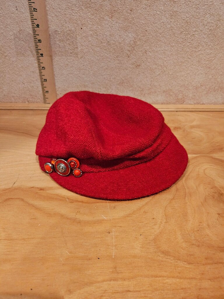 Red Woolen Hat with Decorative Buttons