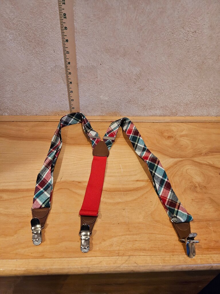 Plaid Pattern Suspenders with Red Accent