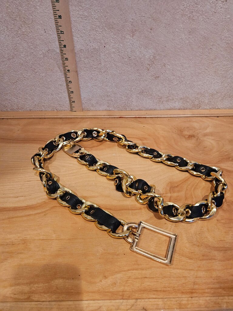 Gold Chain Link Black Leather Belt
