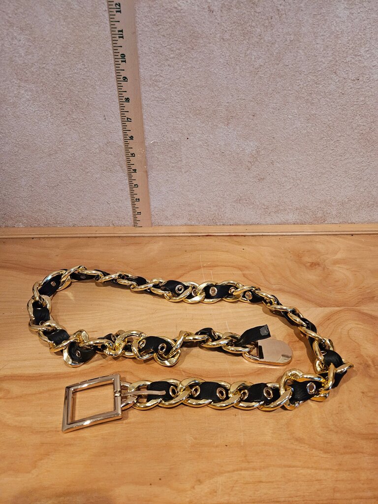 Gold Chain Link Black Leather Belt