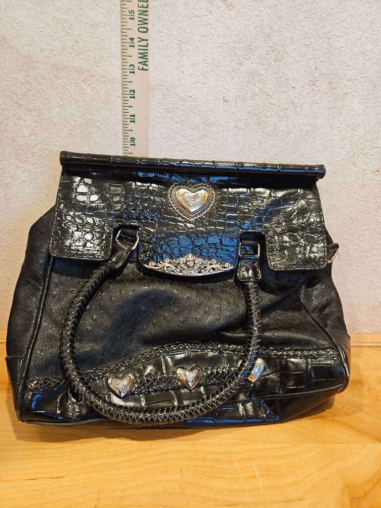 Black Croc-Embossed Handbag with Heart Accents