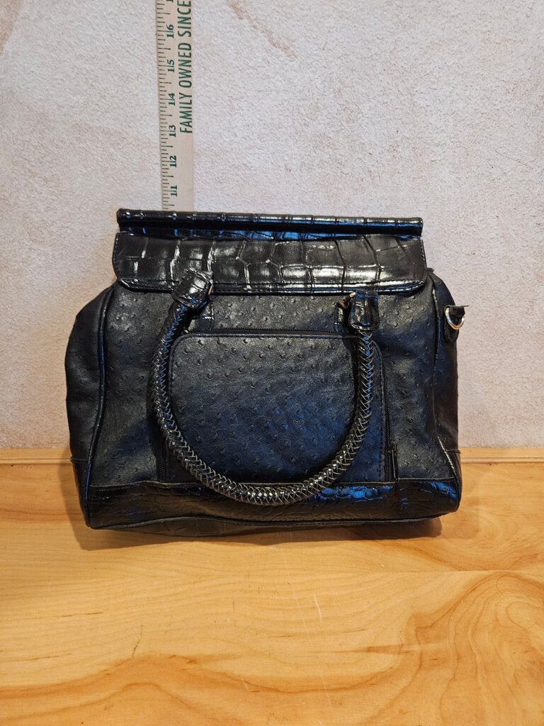 Black Croc-Embossed Handbag with Heart Accents