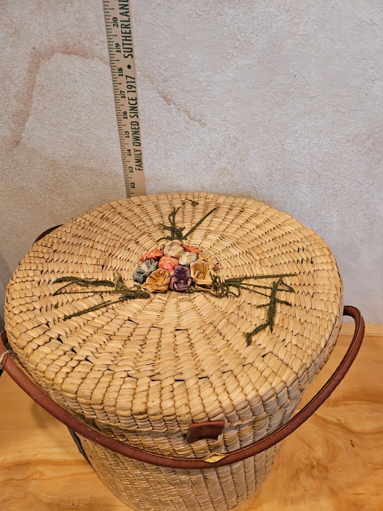 Handwoven Vintage Hand Woven w floral Boho flower accents Hanging Round Coiled Decorative Storage Basket