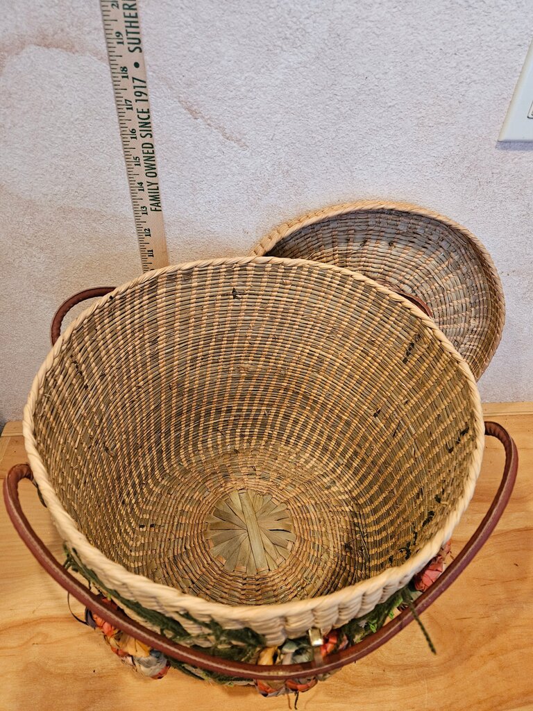 Handwoven Vintage Hand Woven w floral Boho flower accents Hanging Round Coiled Decorative Storage Basket