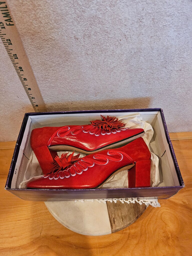 Vintage Red High Heels with Fringed Accents