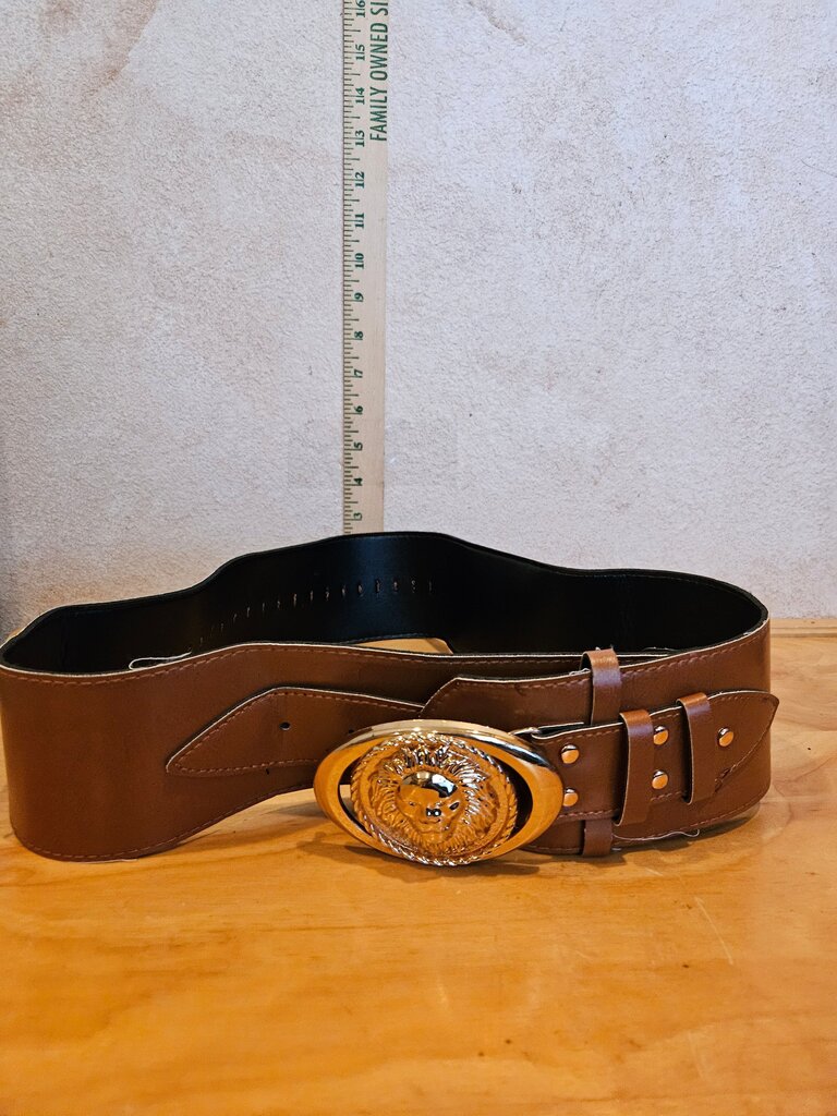 Leather Western Style Belt with Lion Buckle