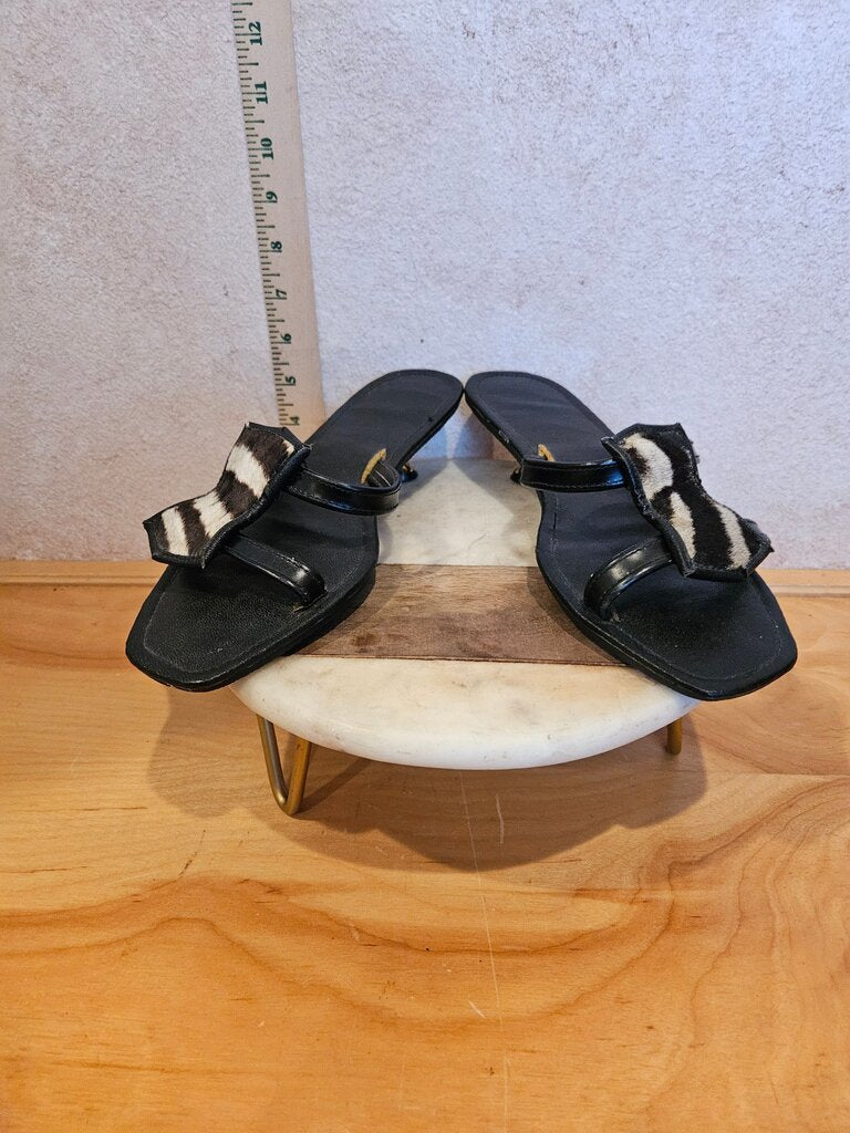 Women's Black Flat Sandals with Animal Print Accent