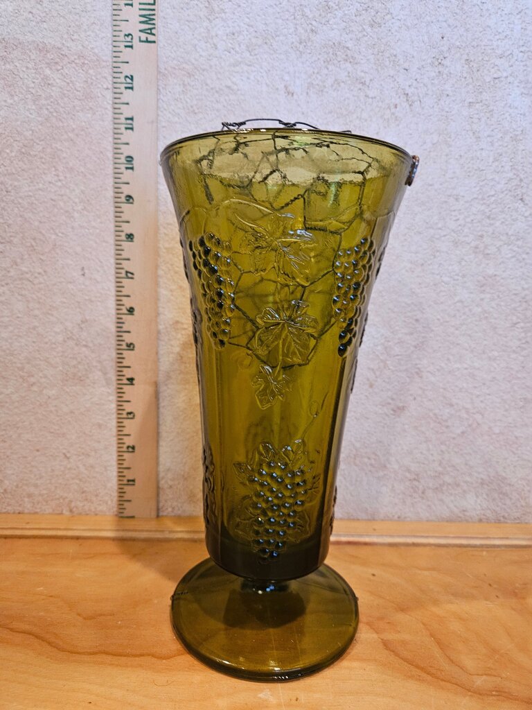 Vintage Green Glass Vase with Grape Design w well mounted flower frog insert