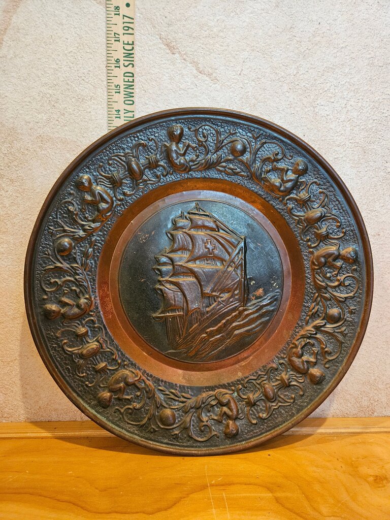 Copper Wall Hanging Picture Tall Ship Galleon Repousse 50s library old world grandpa decor